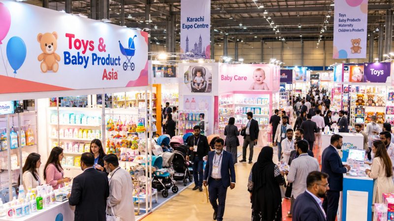 Past Toys and Baby Product Asia exhibition showing a baby products display booth and visitors in Karachi